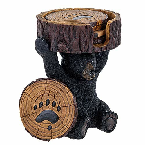 Bear figurine holding tree trunk coasters