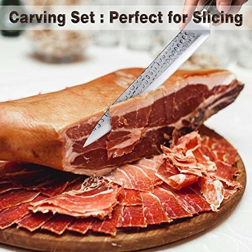 Carving knife slicing cured meat on a wooden board.