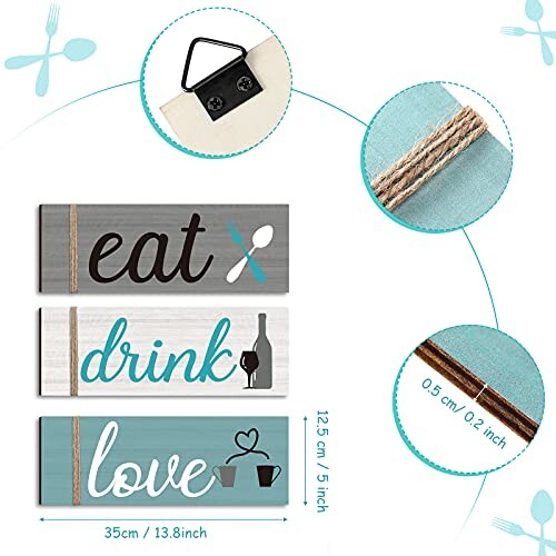 Decorative kitchen signs with 'eat', 'drink', 'love' text and utensil graphics.