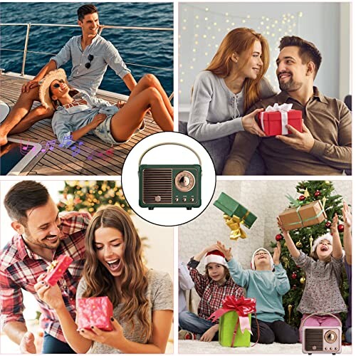 Collage of happy couples and kids with gifts and vintage radio.