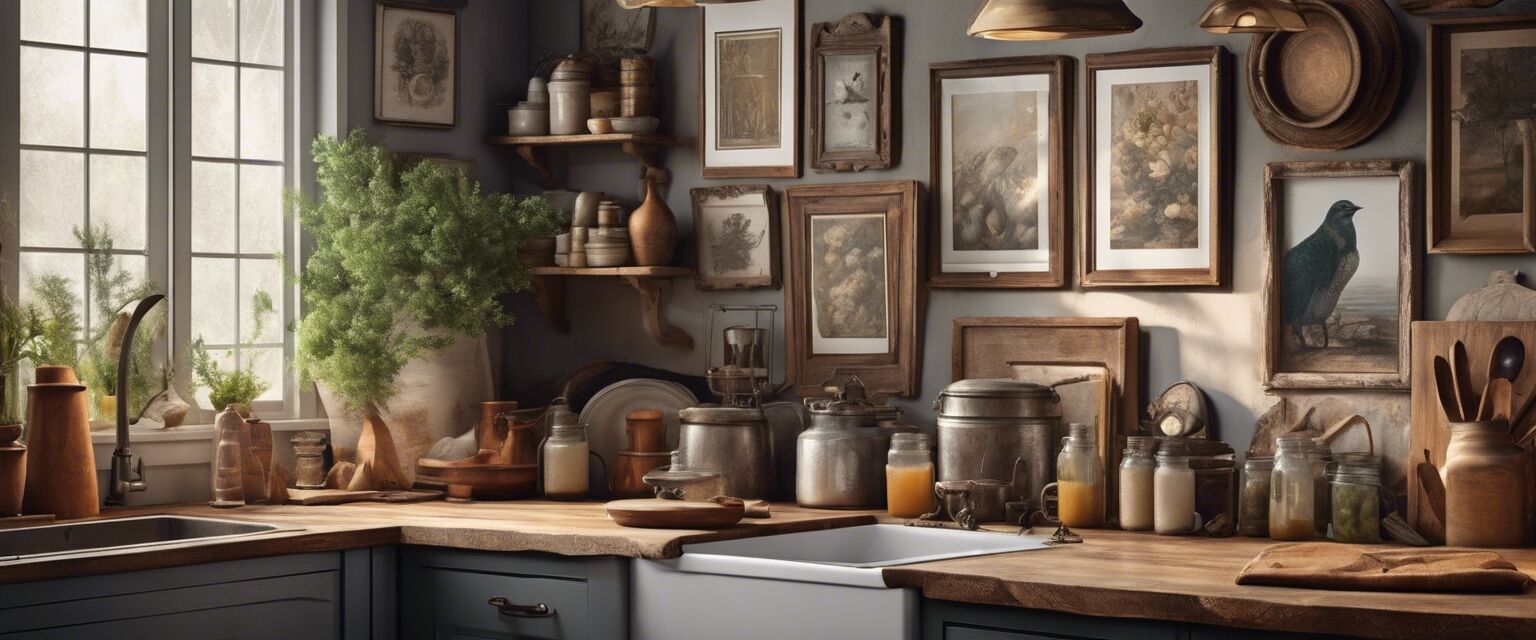 Gallery wall of vintage art in a rustic kitchen